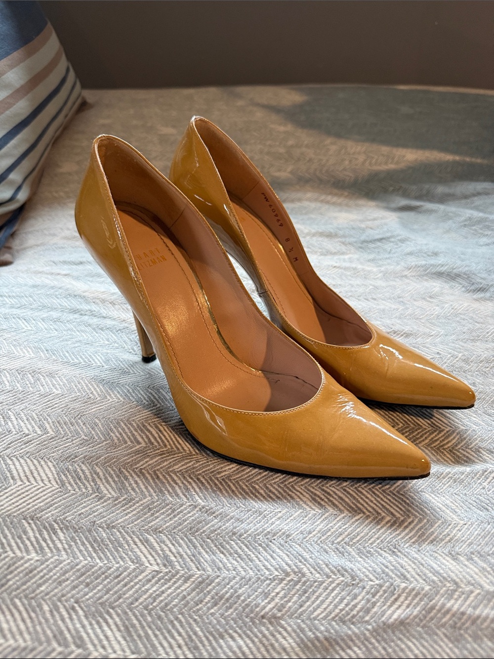 Stuart Weitzman Mustard Patent Pointed-Toe Pumps